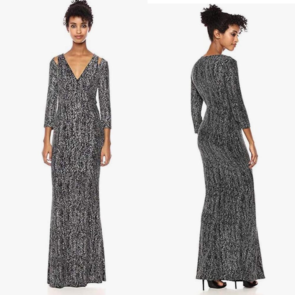 Calvin Klein Black & Silver Metallic V-Neck Cold-Shoulder Evening Gown